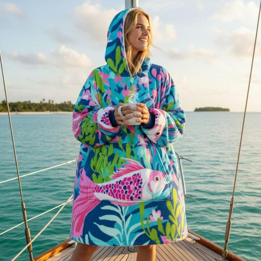 Pink tropical fish hooded blanket | colorful koi ocean print, beachchi robe