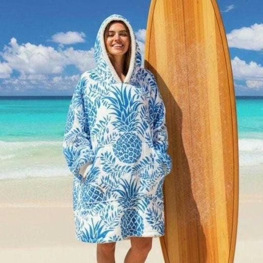 Beachchi Surf Robe | Hawaiin Print Cover-Up |Vacation Essential | Hooded Blanket | Blue Pineapple Print | Cozy Wearable Blanket