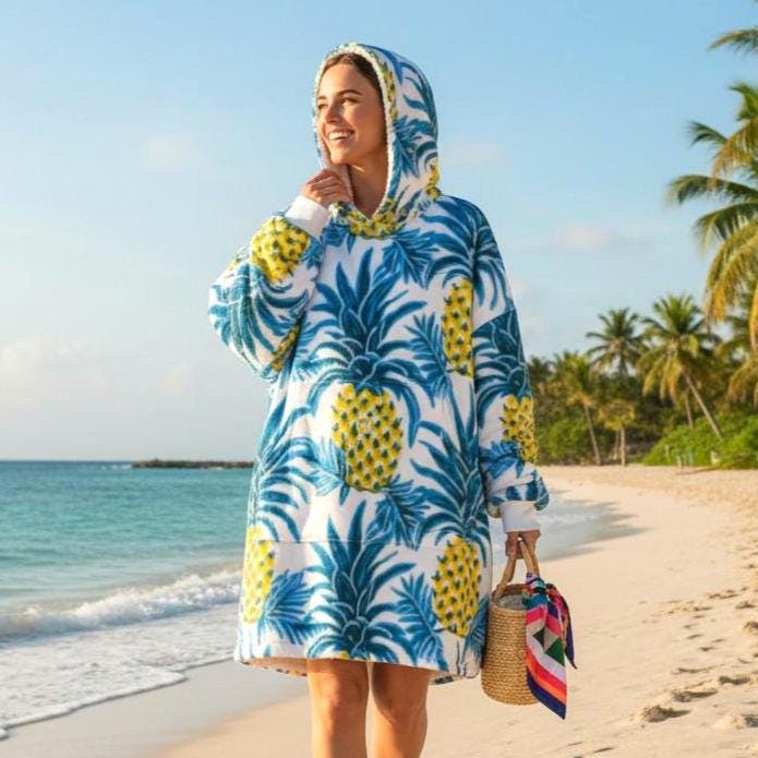 Beachchi Surf Robe | Hawaiin Print Cover-Up |Vacation Essential | Hooded Blanket | Tropical Fruit Print Cozy Wearable Blanket