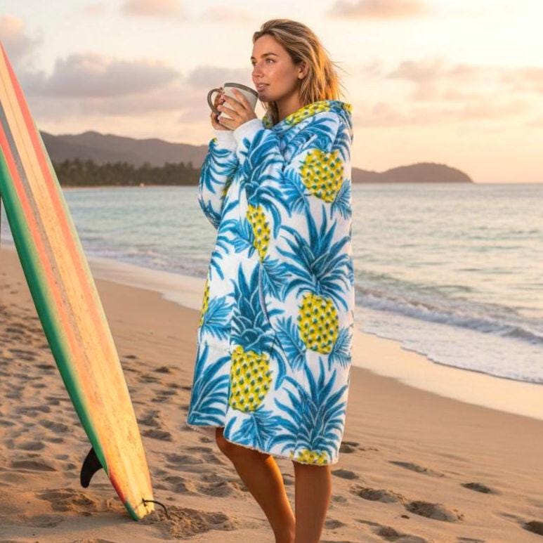 Beachchi Surf Robe | Hawaiin Print Cover-Up |Vacation Essential | Hooded Blanket | Tropical Fruit Print Cozy Wearable Blanket