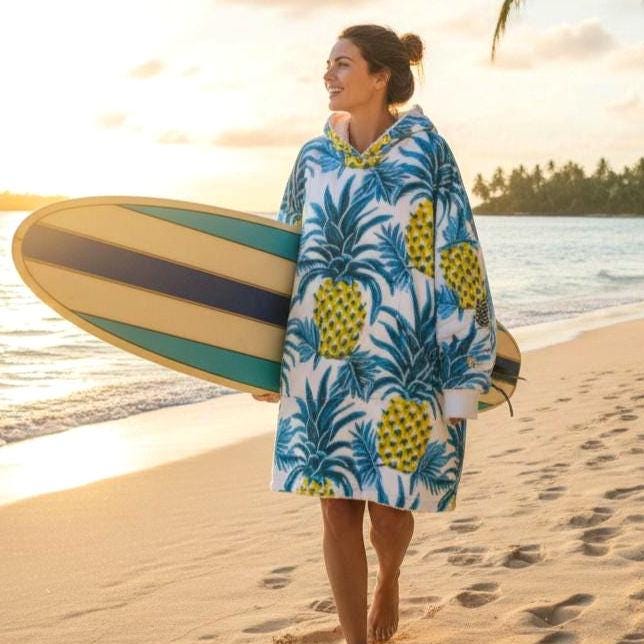 Beachchi Surf Robe | Hawaiin Print Cover-Up |Vacation Essential | Hooded Blanket | Tropical Fruit Print Cozy Wearable Blanket