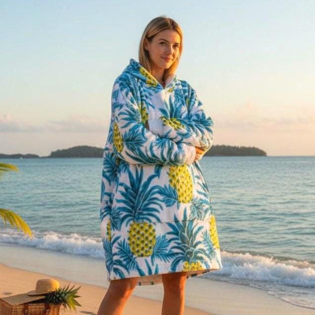 Beachchi Surf Robe | Hawaiin Print Cover-Up |Vacation Essential | Hooded Blanket | Tropical Fruit Print Cozy Wearable Blanket