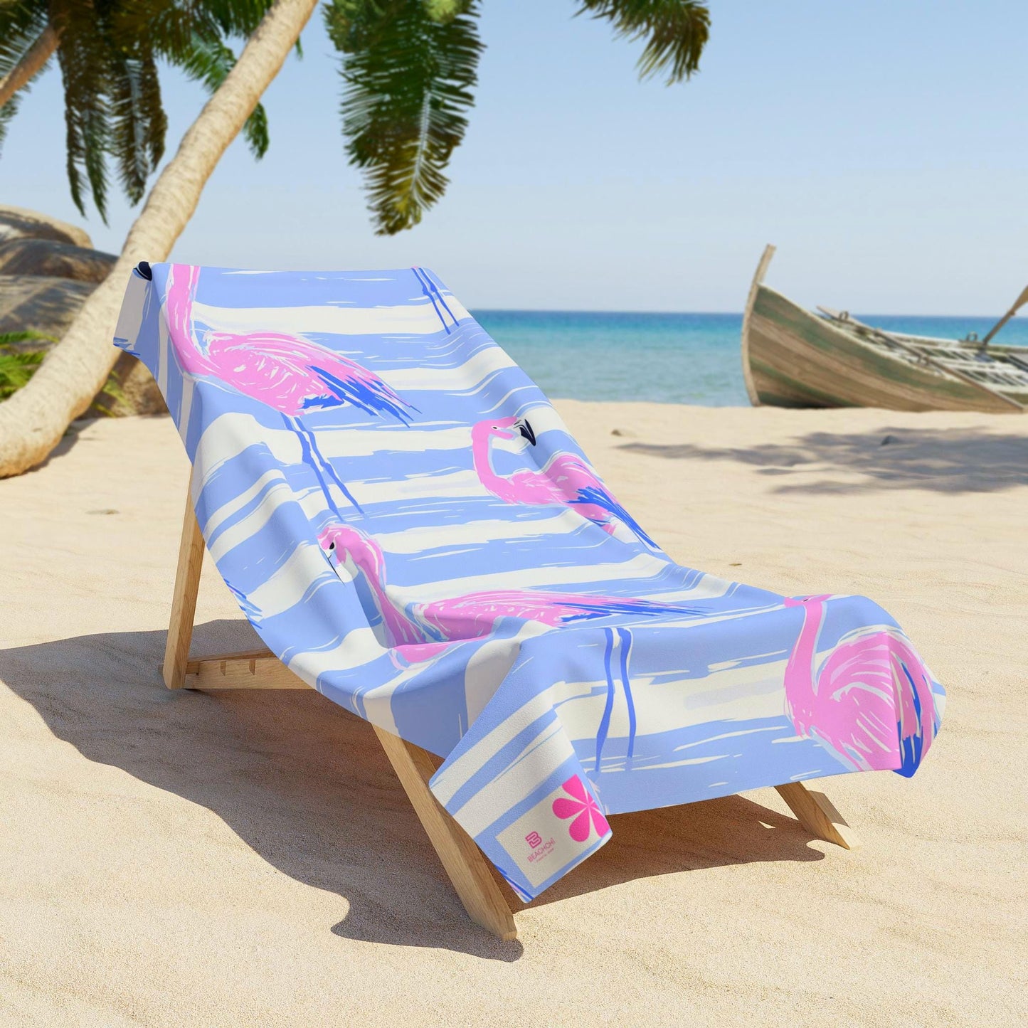 Pink Flamingo Pattern Beach Towel | Blue Stripe Tropical Print