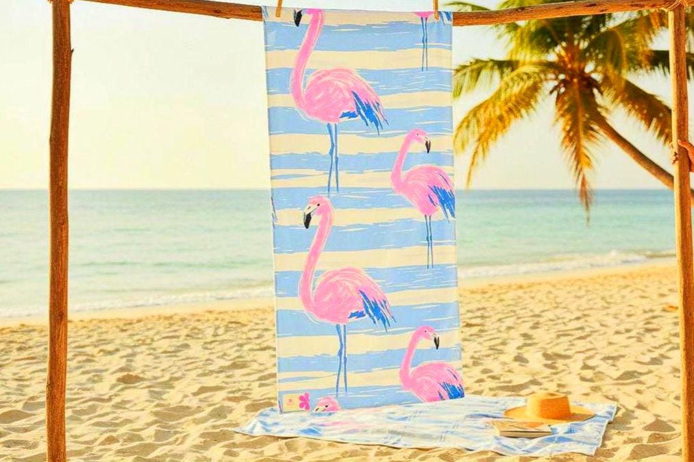 Pink Flamingo Pattern Beach Towel | Blue Stripe Tropical Print
