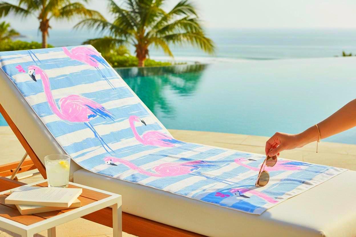 Pink Flamingo Pattern Beach Towel | Blue Stripe Tropical Print
