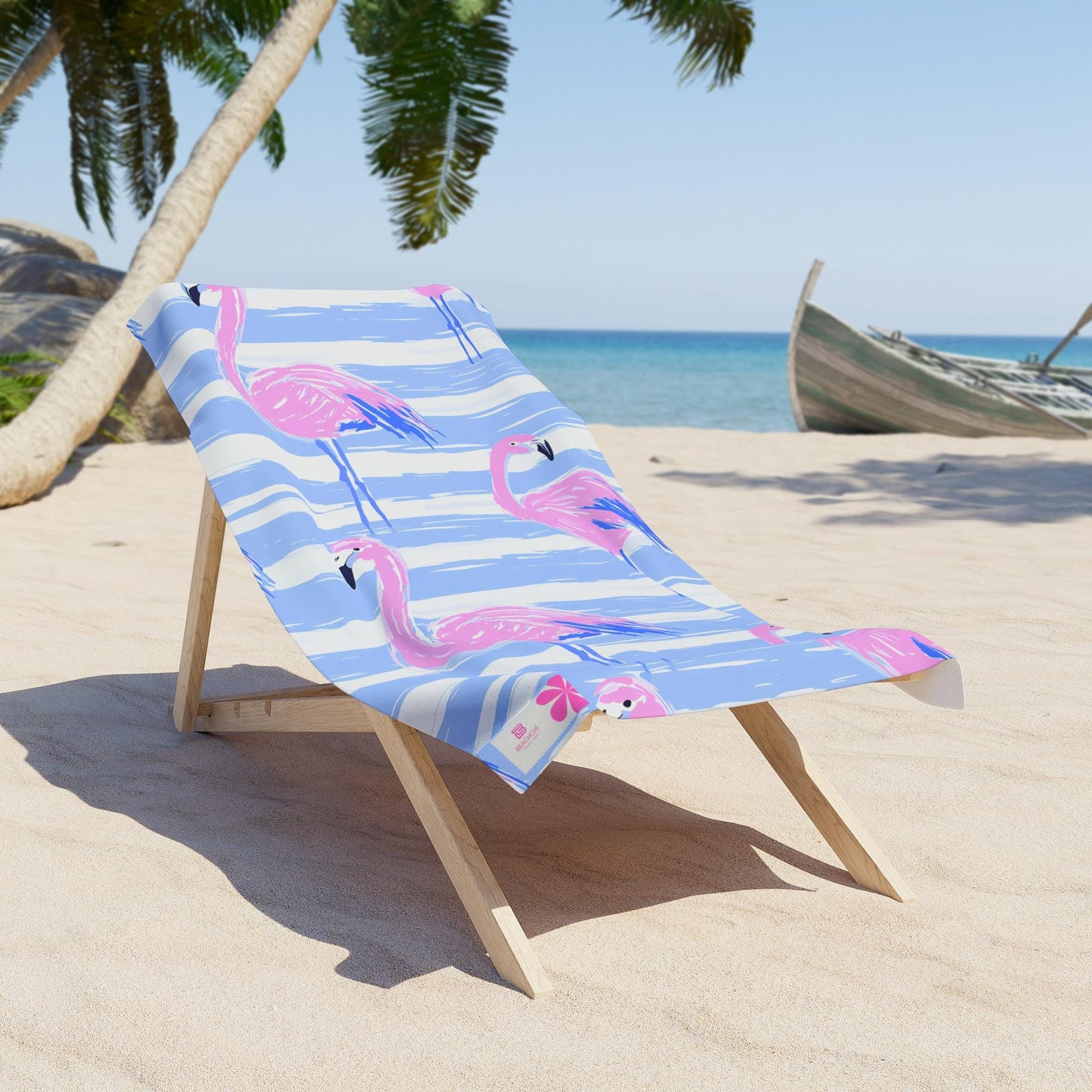 Pink Flamingo Pattern Beach Towel | Blue Stripe Tropical Print