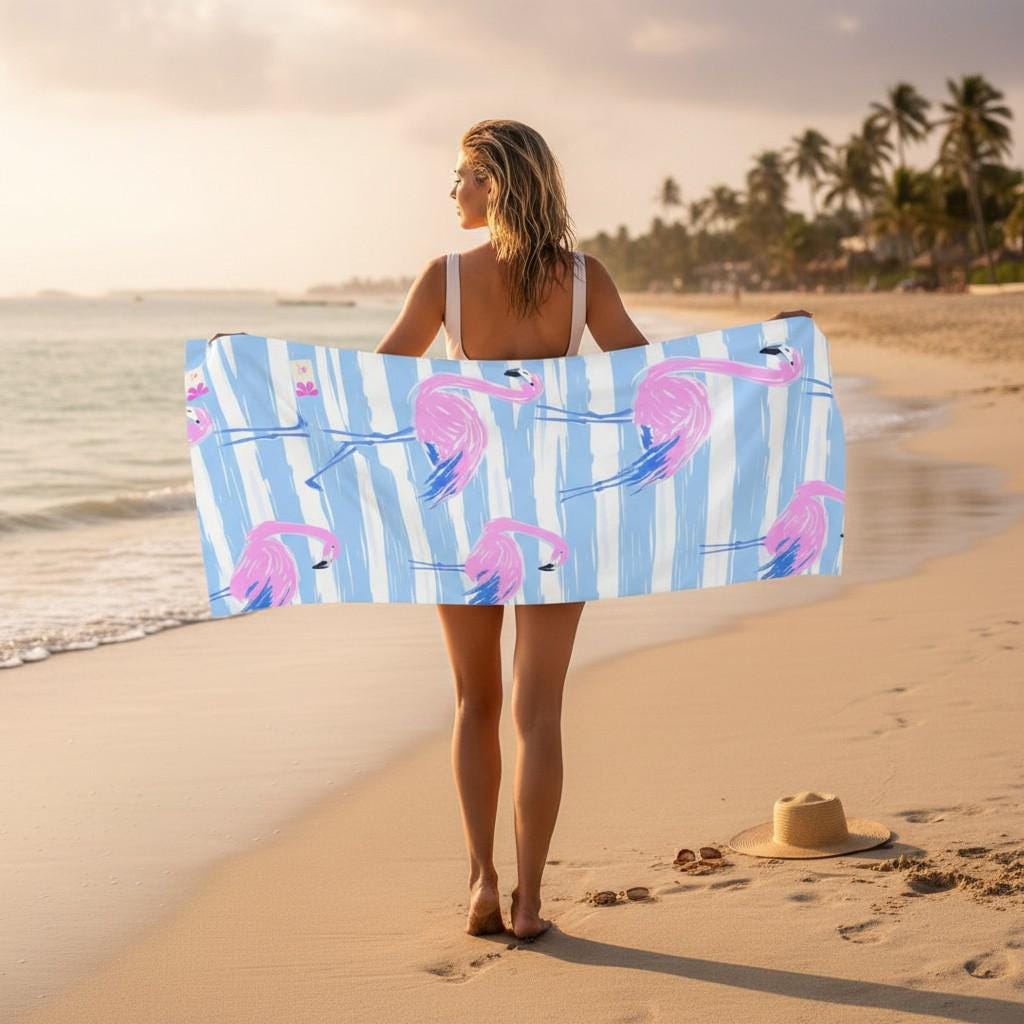Pink Flamingo Pattern Beach Towel | Blue Stripe Tropical Print