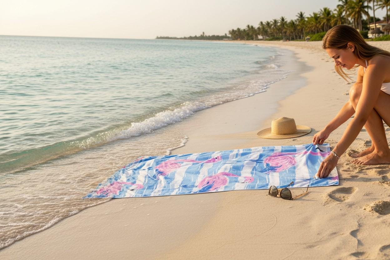 Pink Flamingo Pattern Beach Towel | Blue Stripe Tropical Print