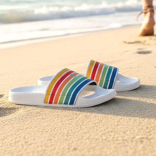 Retro Rainbow Striped Sandals,| Beachchi Slides