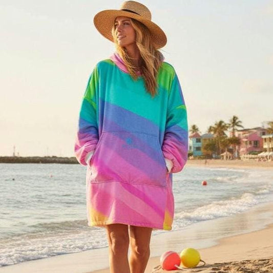 Pastel Rainbow Stripe Hooded Surf Robe | Women's Beach Cover-Up | Beachchī  Beach Cover-Up | Beachchī Coastal Shop