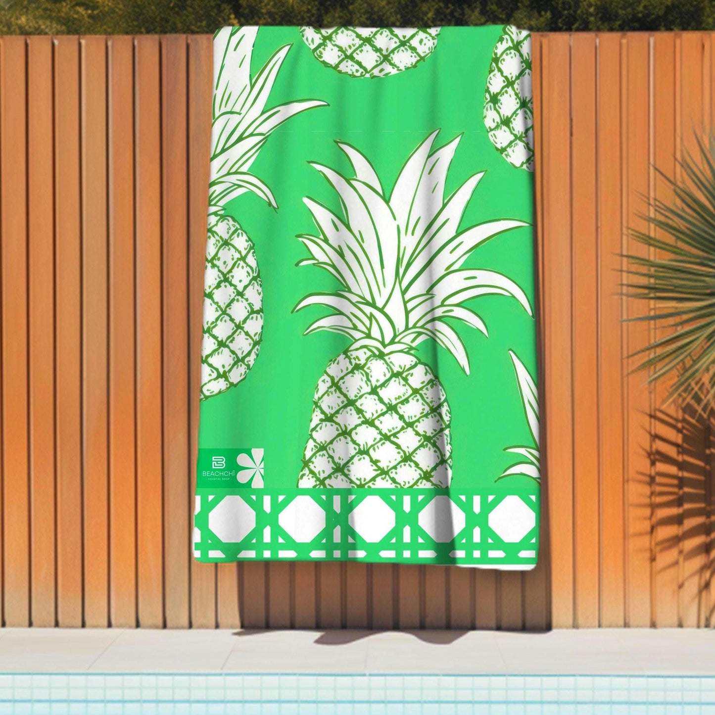 Oversized Emerald Green Pineapple Beach Towel | Palm Beach Poolside Luxury | Preppy Tropical Vacation Gift