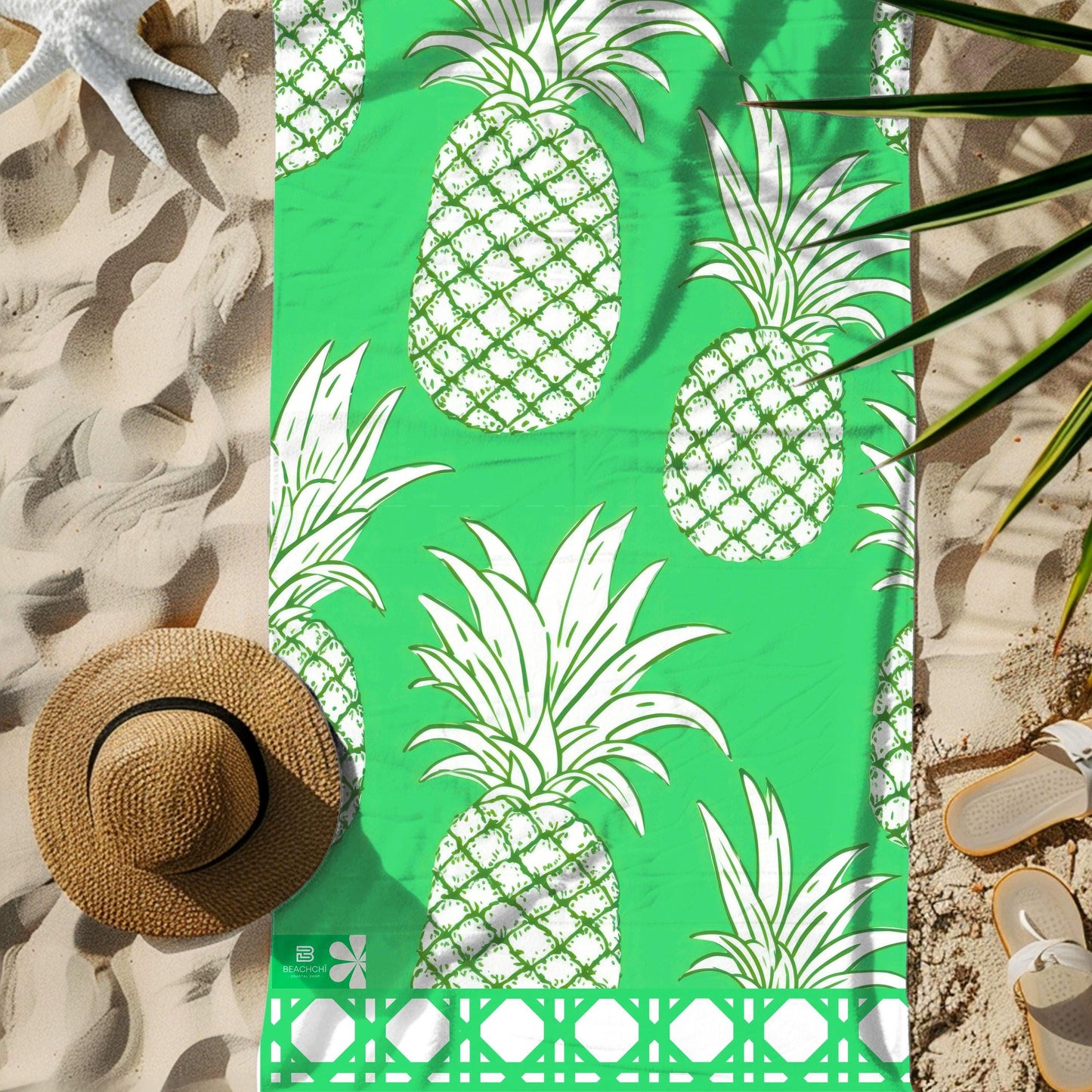 Oversized Emerald Green Pineapple Beach Towel | Palm Beach Poolside Luxury | Preppy Tropical Vacation Gift