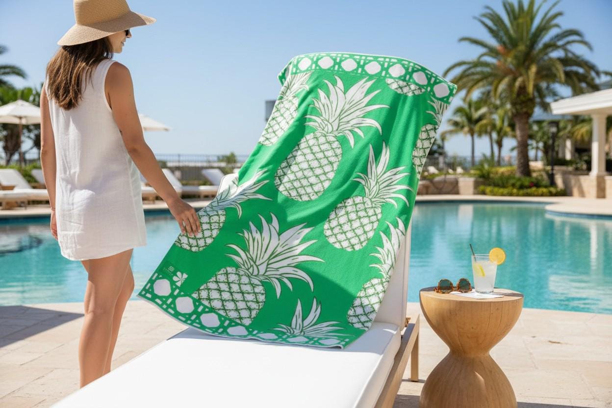Oversized Emerald Green Pineapple Beach Towel | Palm Beach Poolside Luxury | Preppy Tropical Vacation Gift
