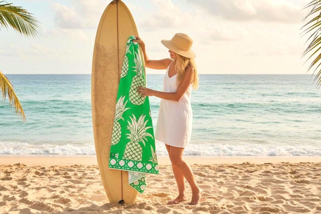 Oversized Emerald Green Pineapple Beach Towel | Palm Beach Poolside Luxury | Preppy Tropical Vacation Gift