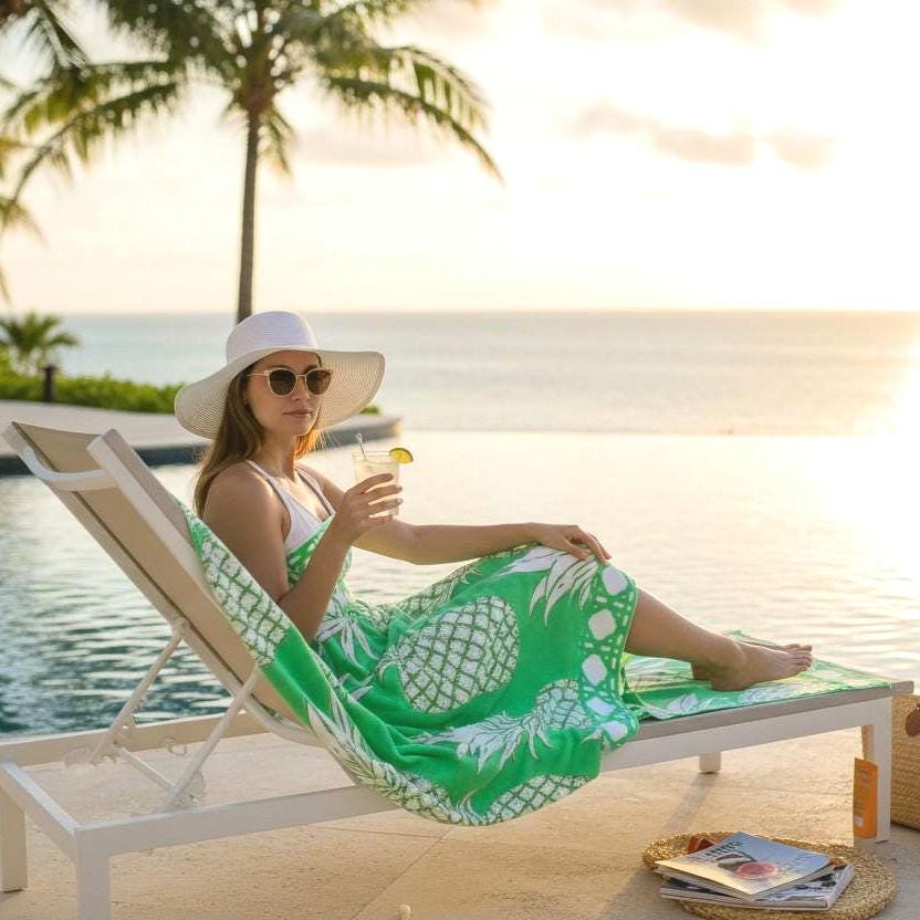 Oversized Emerald Green Pineapple Beach Towel | Palm Beach Poolside Luxury | Preppy Tropical Vacation Gift