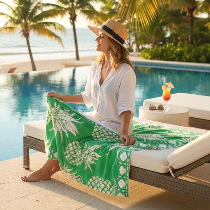 Oversized Emerald Green Pineapple Beach Towel | Palm Beach Poolside Luxury | Preppy Tropical Vacation Gift