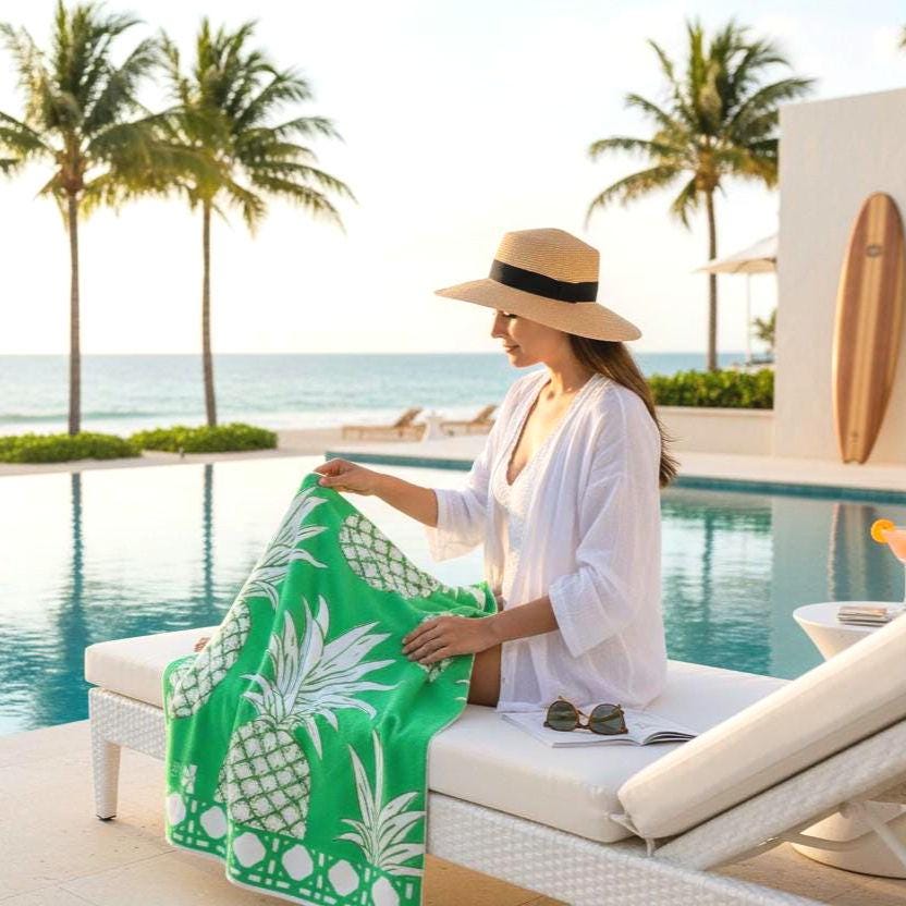 Oversized Emerald Green Pineapple Beach Towel | Palm Beach Poolside Luxury | Preppy Tropical Vacation Gift