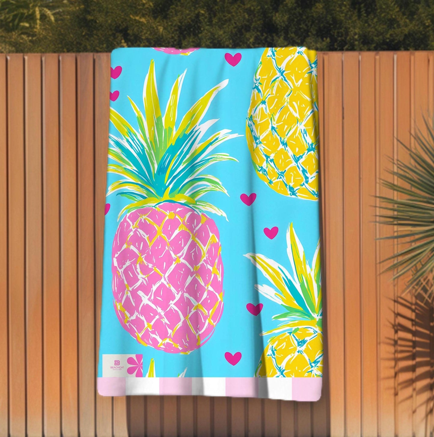 Oversized Aqua Hearts Pineapple Beach Towel | Palm Beach Poolside Luxury | Preppy Tropical Vacation Gift