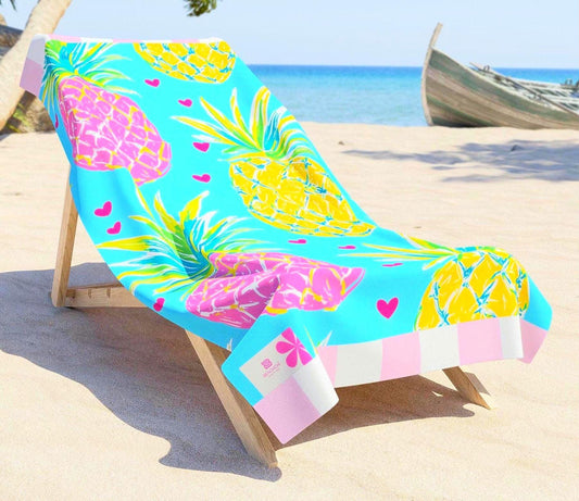Oversized Aqua Hearts Pineapple Beach Towel | Palm Beach Poolside Luxury | Preppy Tropical Vacation Gift