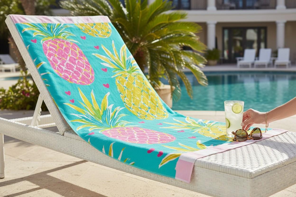 Oversized Aqua Hearts Pineapple Beach Towel | Palm Beach Poolside Luxury | Preppy Tropical Vacation Gift