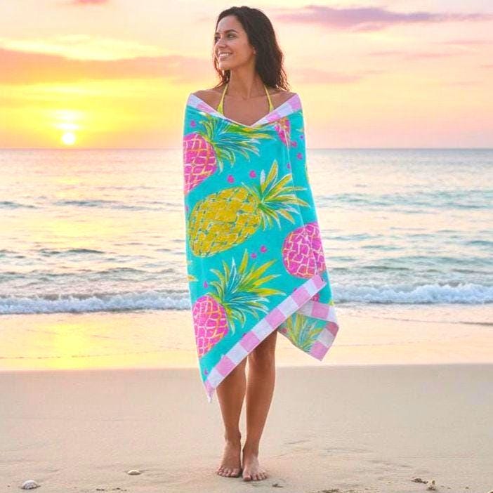 Oversized Aqua Hearts Pineapple Beach Towel | Palm Beach Poolside Luxury | Preppy Tropical Vacation Gift