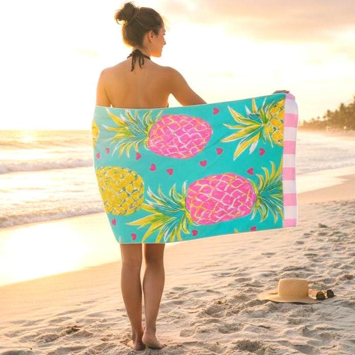 Oversized Aqua Hearts Pineapple Beach Towel | Palm Beach Poolside Luxury | Preppy Tropical Vacation Gift
