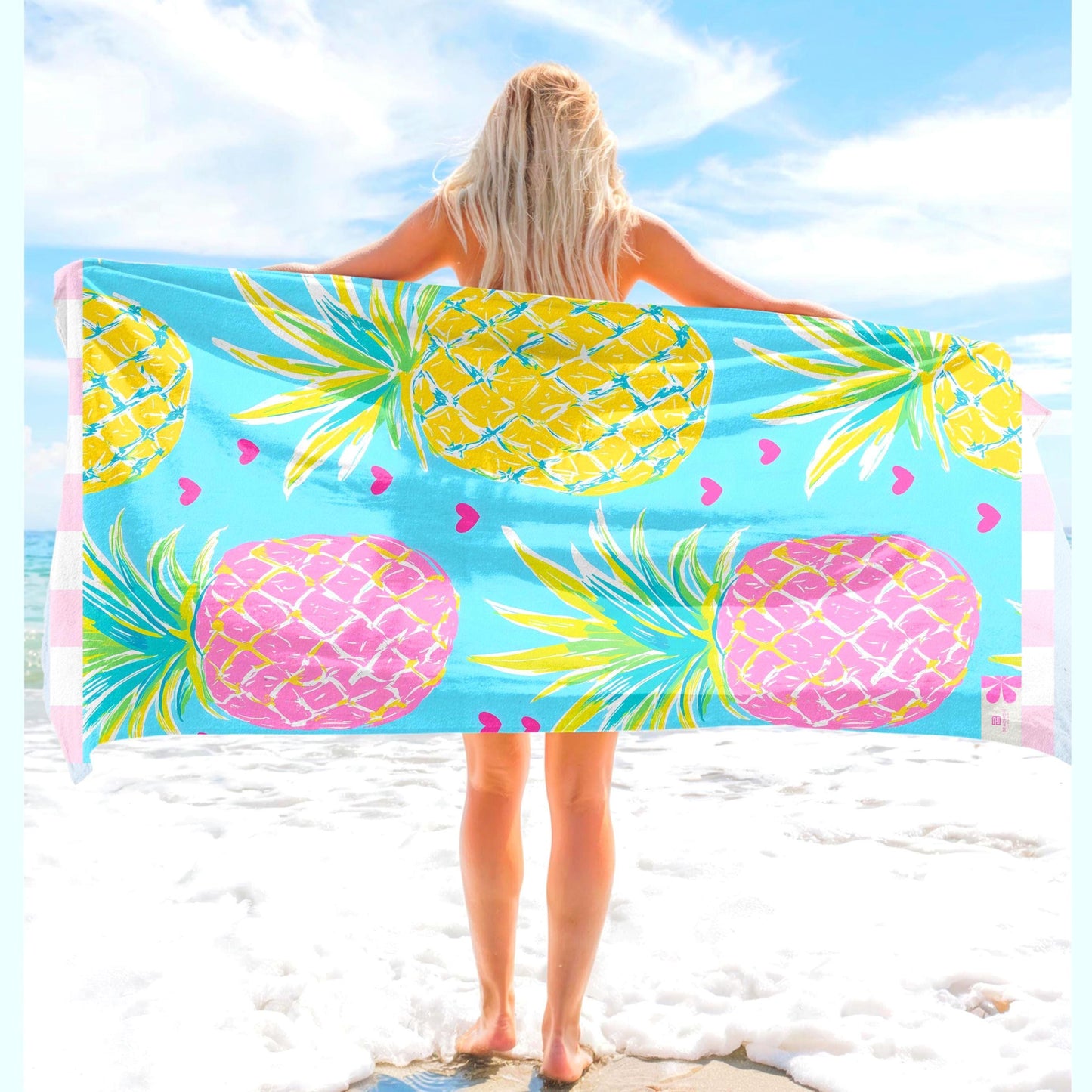 Oversized Aqua Hearts Pineapple Beach Towel | Palm Beach Poolside Luxury | Preppy Tropical Vacation Gift