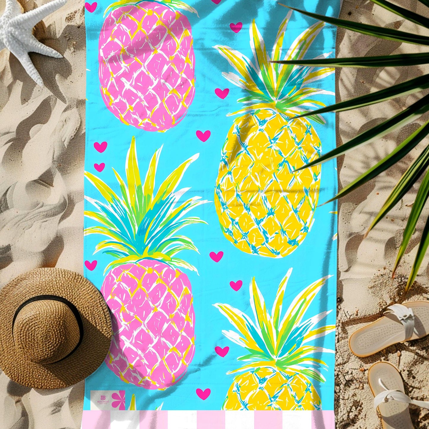 Oversized Aqua Hearts Pineapple Beach Towel | Palm Beach Poolside Luxury | Preppy Tropical Vacation Gift