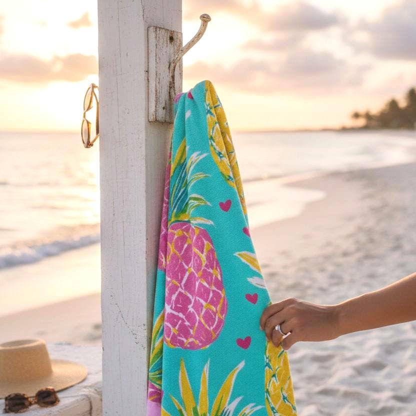 Oversized Aqua Hearts Pineapple Beach Towel | Palm Beach Poolside Luxury | Preppy Tropical Vacation Gift