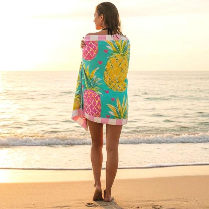 Oversized Aqua Hearts Pineapple Beach Towel | Palm Beach Poolside Luxury | Preppy Tropical Vacation Gift