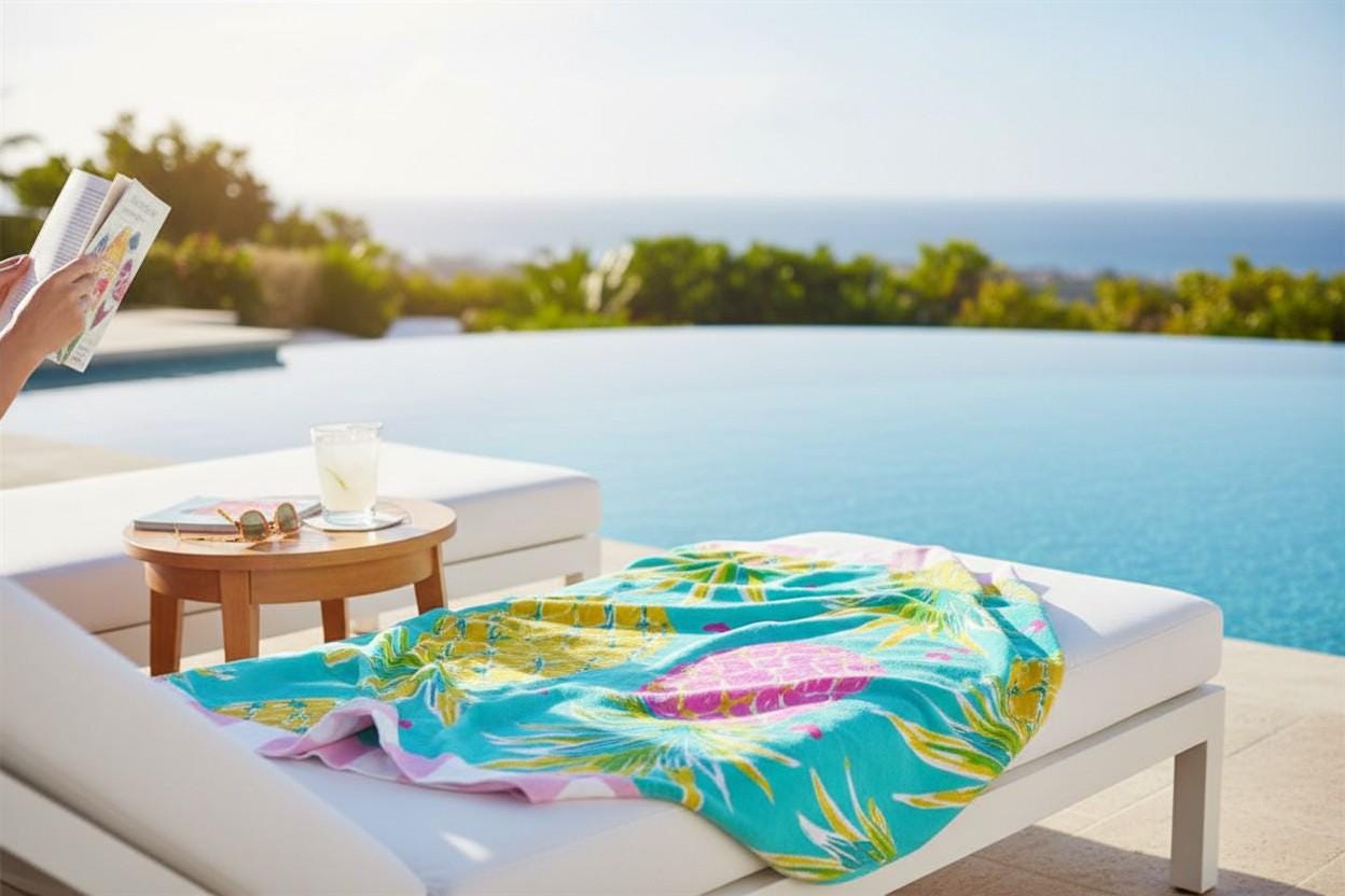 Oversized Aqua Hearts Pineapple Beach Towel | Palm Beach Poolside Luxury | Preppy Tropical Vacation Gift