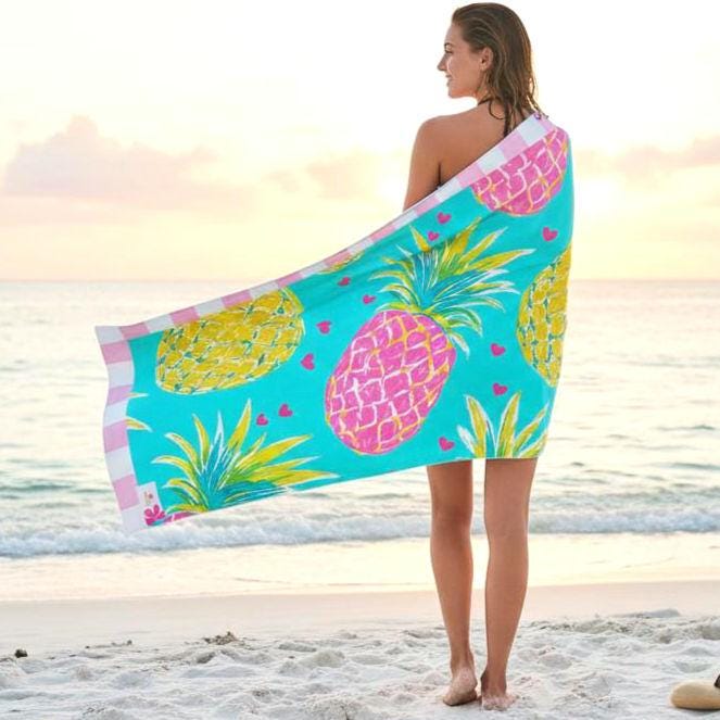 Oversized Aqua Hearts Pineapple Beach Towel | Palm Beach Poolside Luxury | Preppy Tropical Vacation Gift