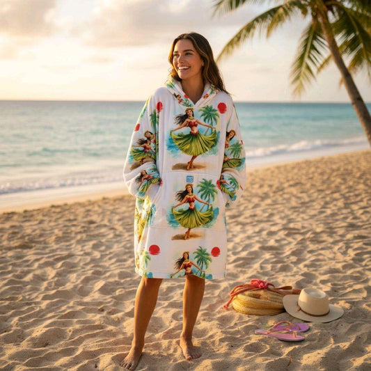 Hula Girl Hooded Surf Robe| Hawaiian Luau Tropical Print| Beachchi Surf robe