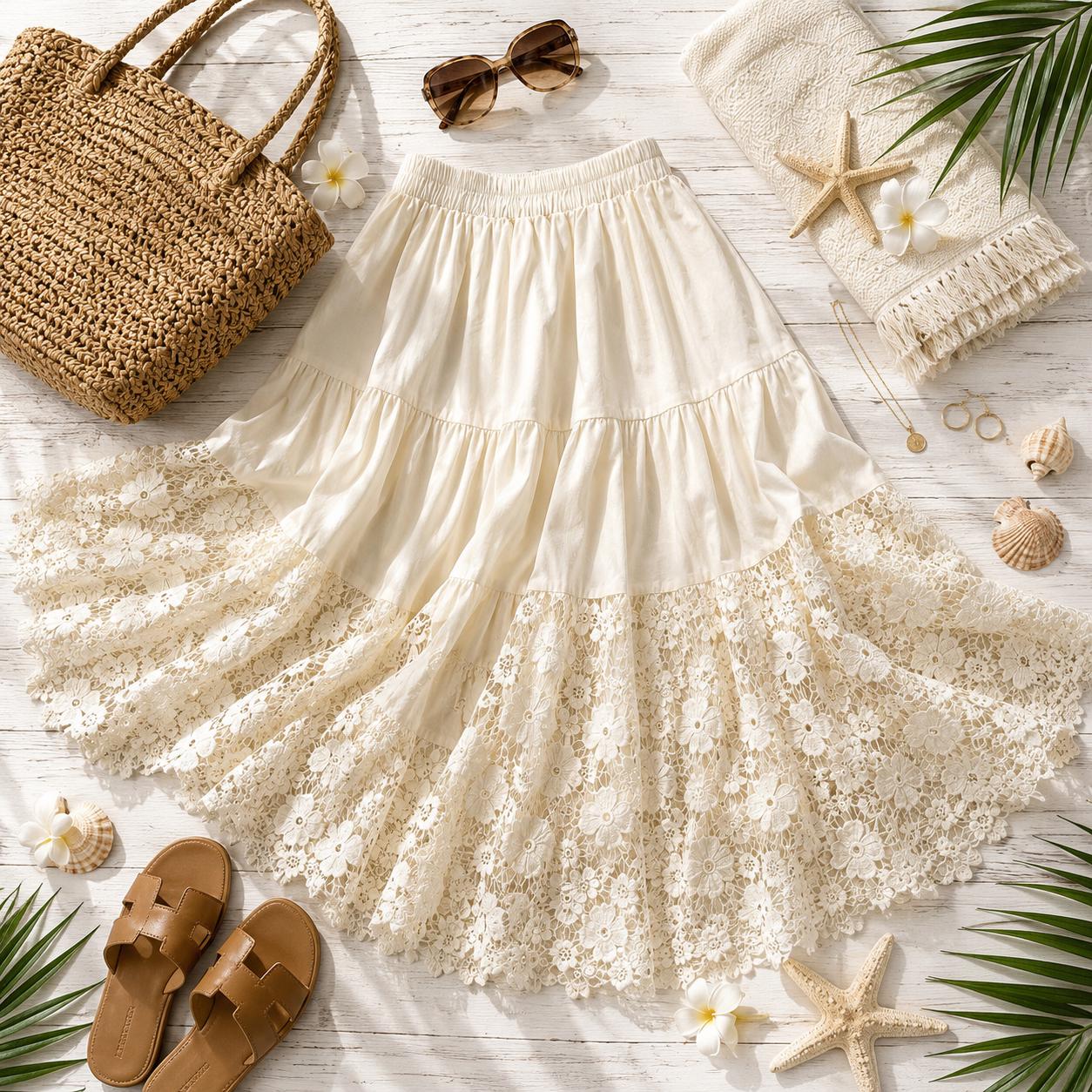 Beachchi  Tiered Lace Maxi Skirt | Boho Resort Skirt | Flowy Lined Beach Skirt | 2 Colors Available
