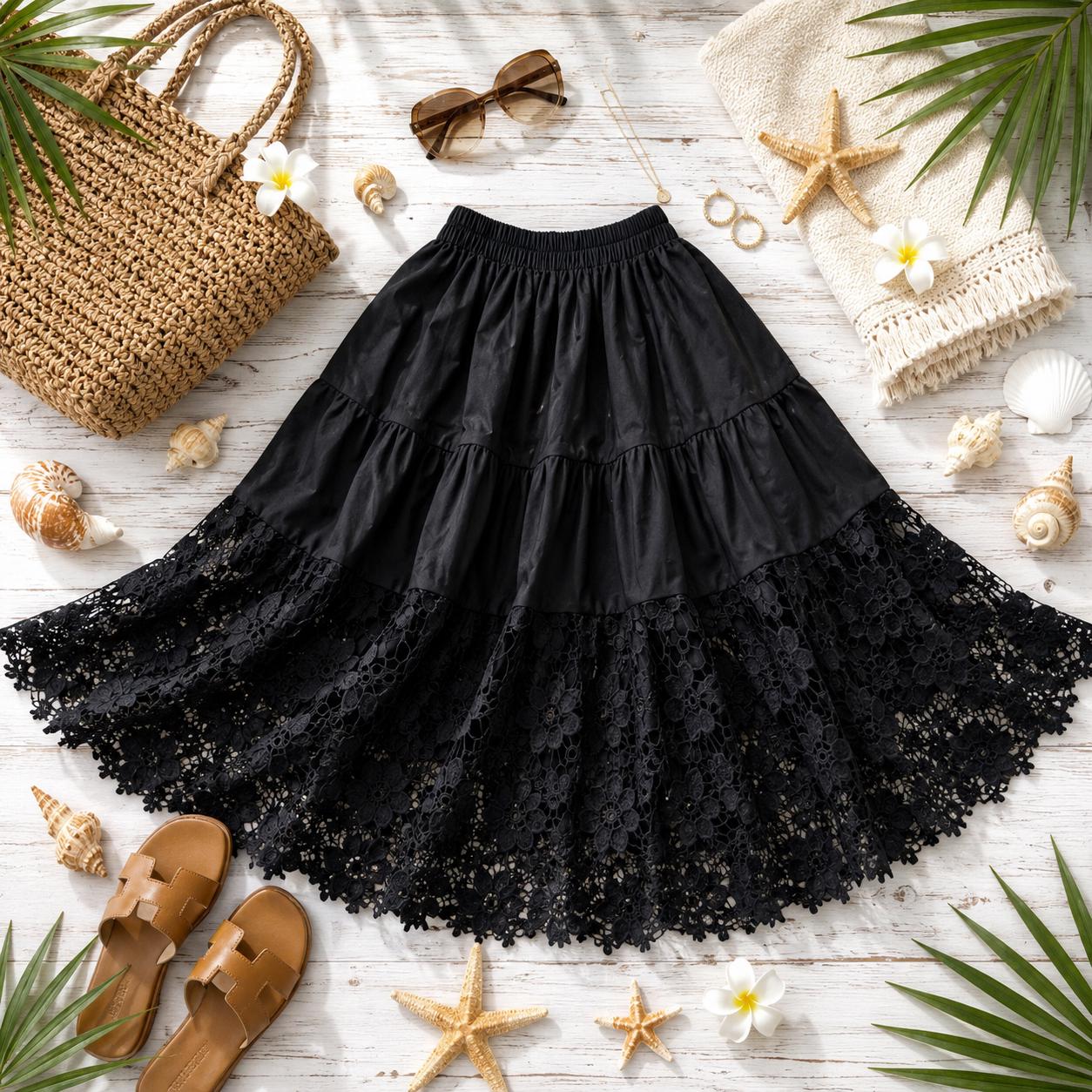 Beachchi  Tiered Lace Maxi Skirt | Boho Resort Skirt | Flowy Lined Beach Skirt | 2 Colors Available