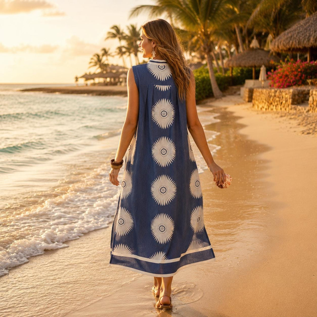 Coastal Resort Midi Dress | Blue Geometric Sleeveless Vacation Dress | Women's Beach Boutique Dress| Beachchi Dress
