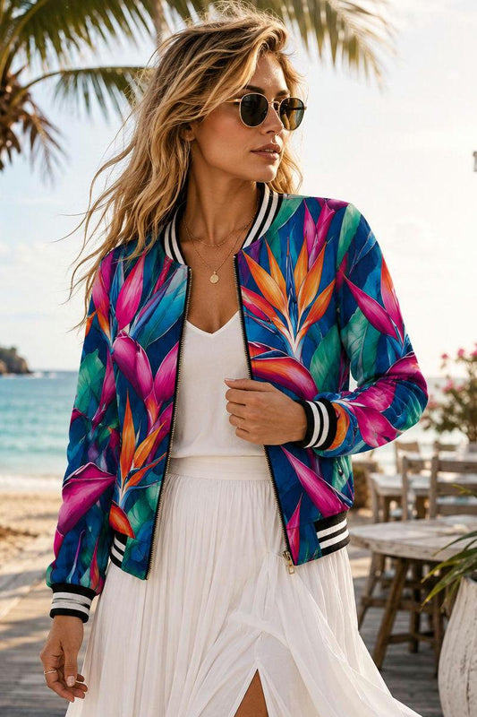 The Beachchi Bomber, Tropical Bird of Paradise Floral Varsity Jacket, Satin Bomber Jacket
