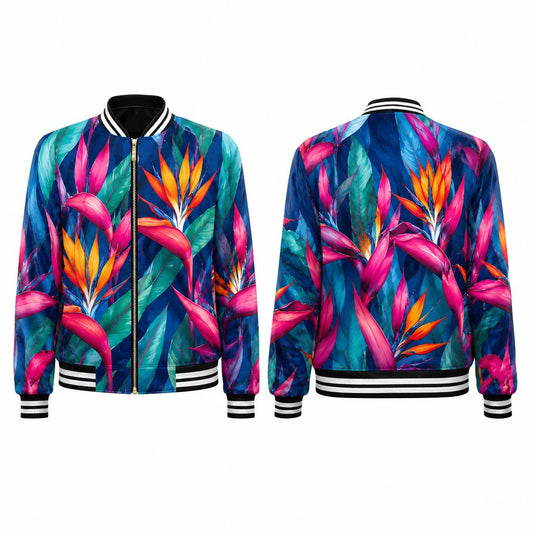 The Beachchi Bomber, Tropical Bird of Paradise Floral Varsity Jacket, Satin Bomber Jacket