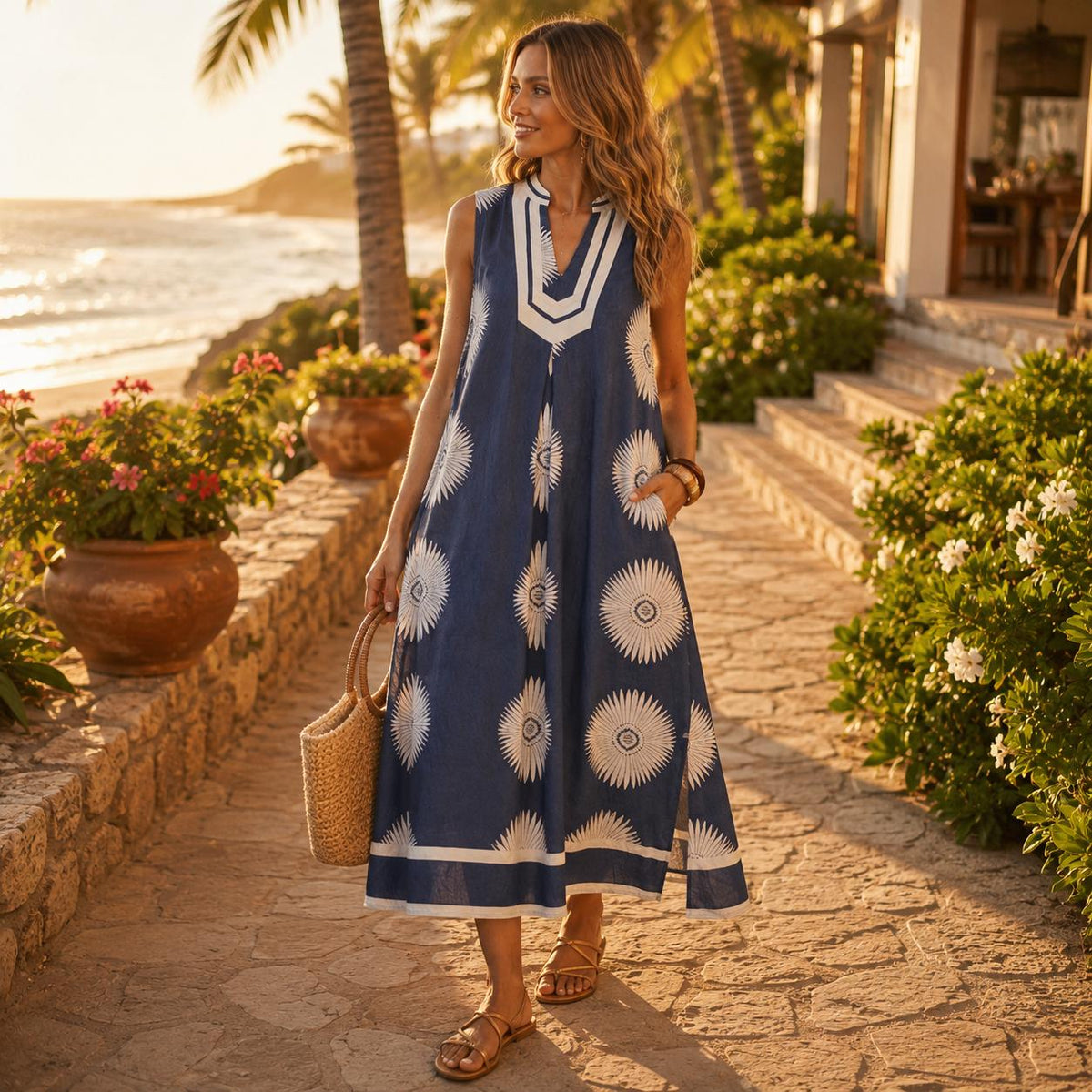 Coastal Resort Midi Dress | Blue Geometric Sleeveless Vacation Dress | Women's Beach Boutique Dress| Beachchi Dress