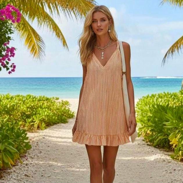 Striped V-Neck Ruffle Hem Mini Dress