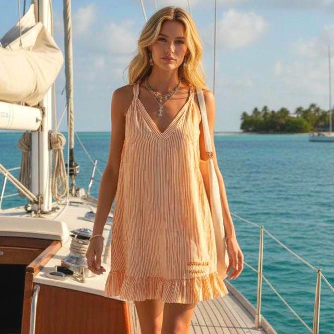 Striped V-Neck Ruffle Hem Mini Dress