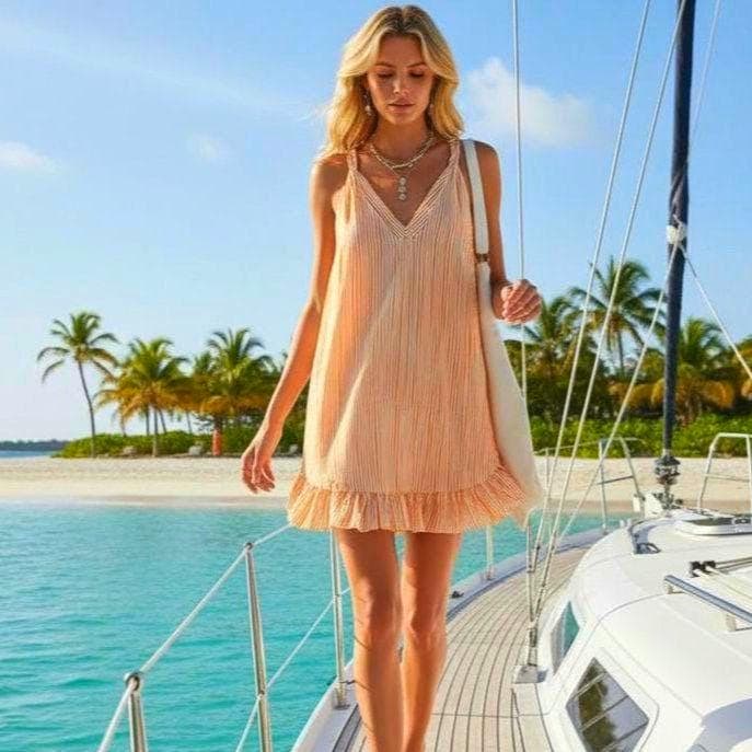 Striped V-Neck Ruffle Hem Mini Dress