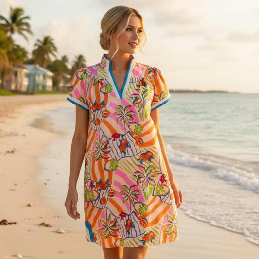 Tropical Tangerine Print Collared Shift Dress, Beachchi Sundress