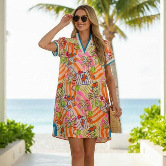 Tropical Tangerine Print Collared Shift Dress, Beachchi Sundress