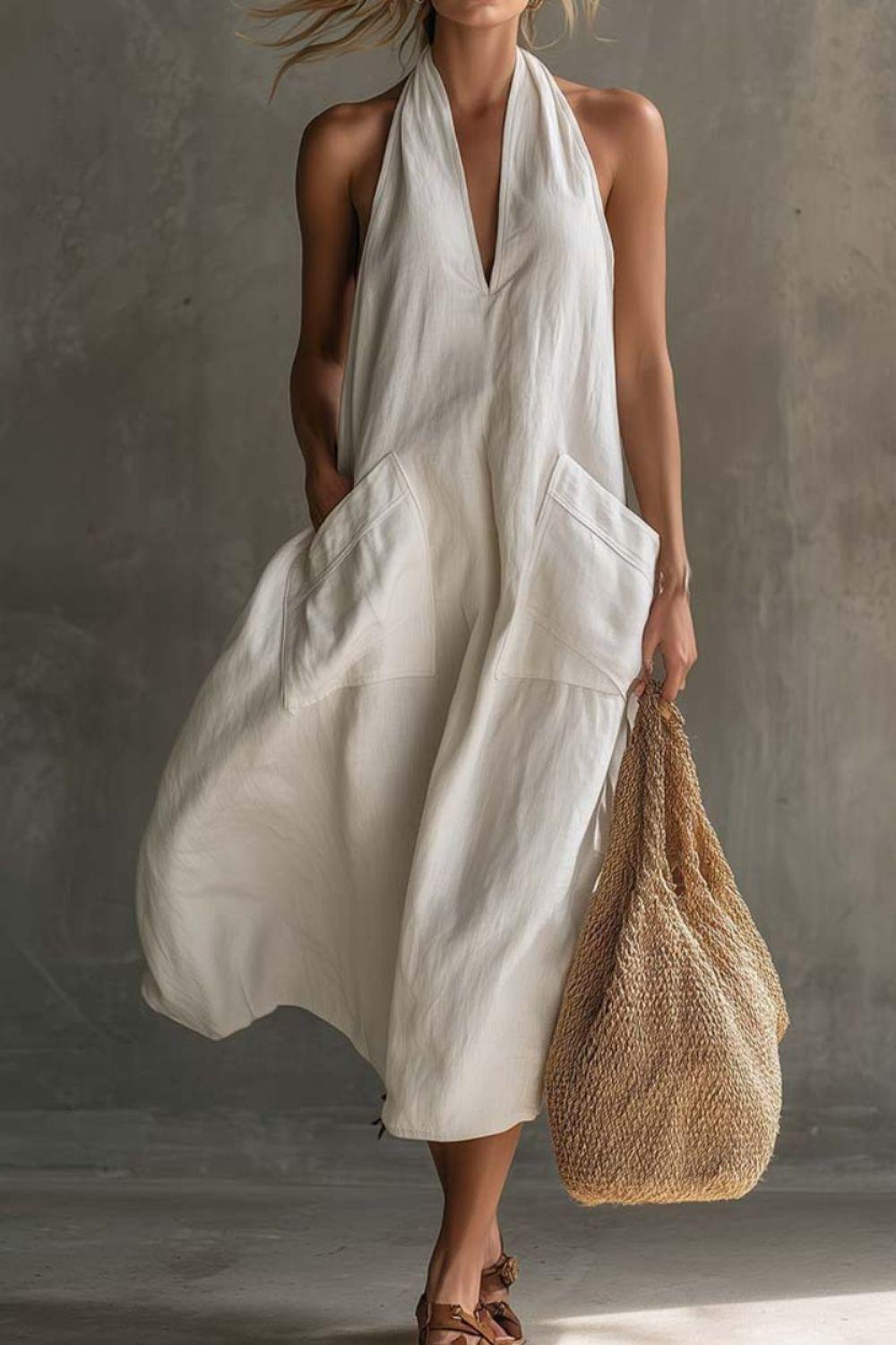 Summer Casual Halter Neck Pocket Midi Dress
