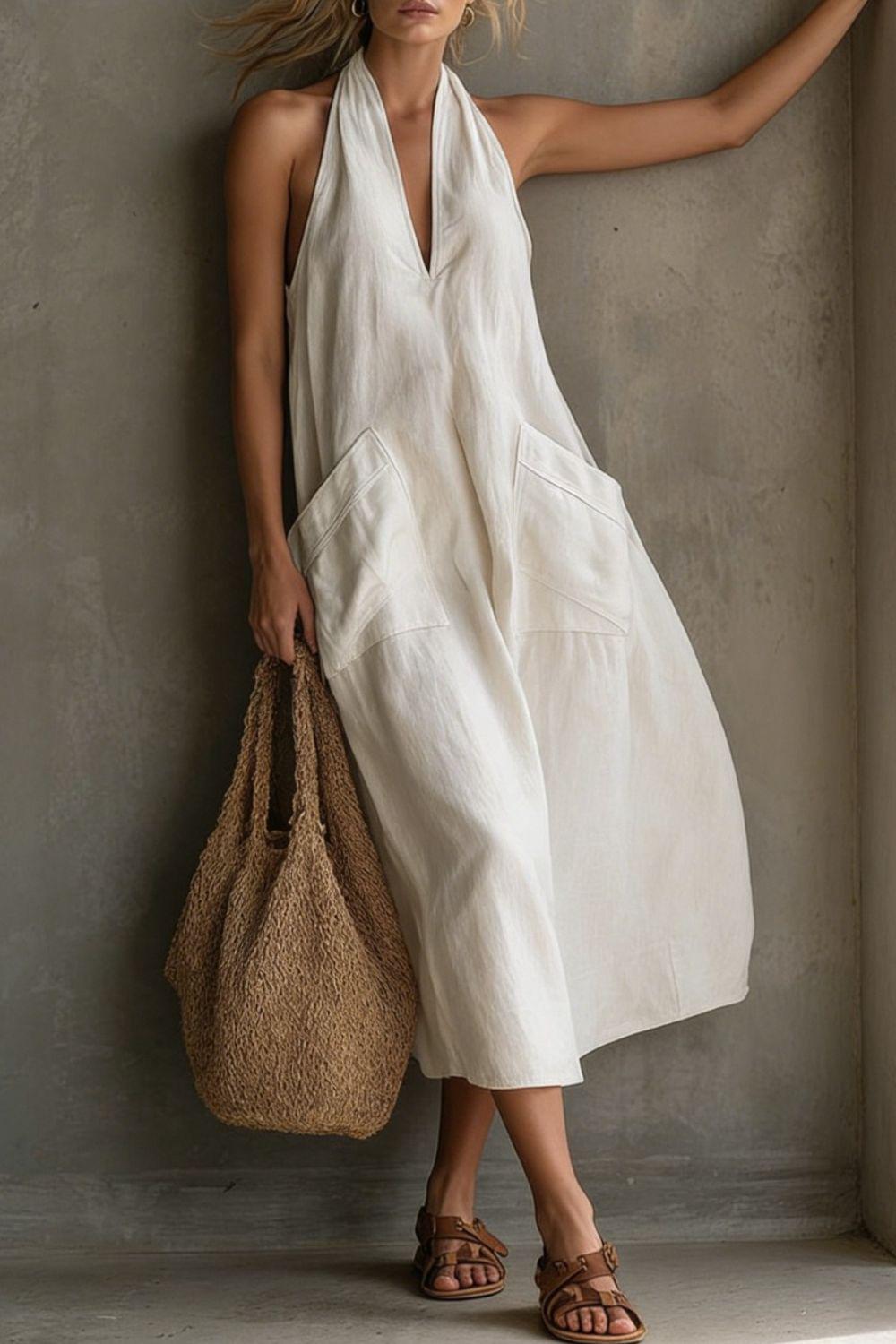 Summer Casual Halter Neck Pocket Midi Dress