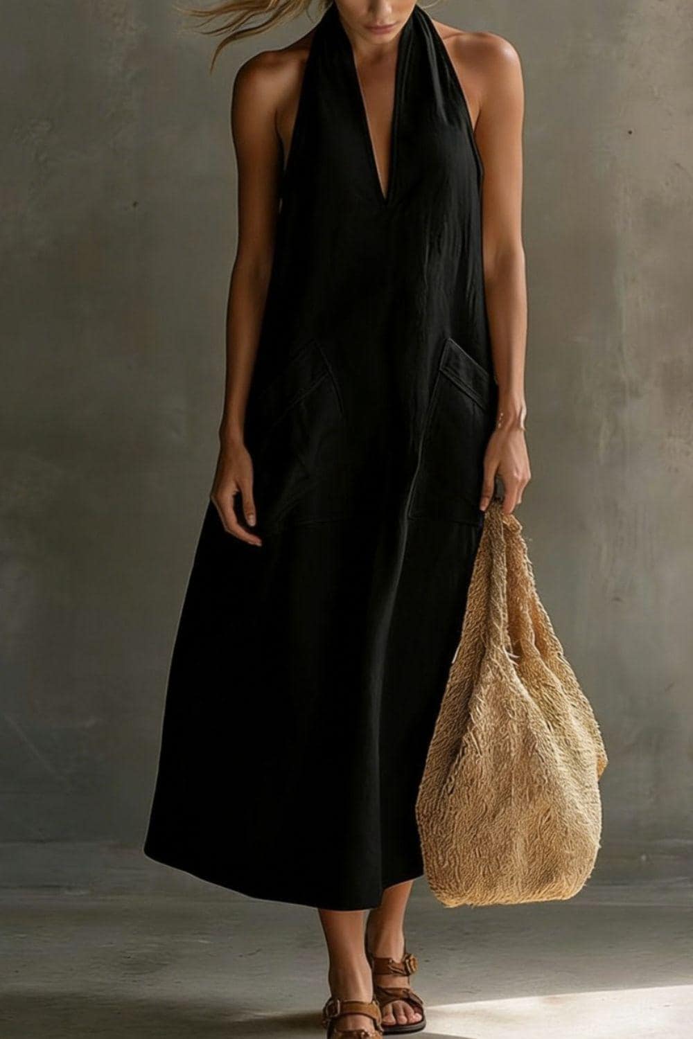 Summer Casual Halter Neck Pocket Midi Dress