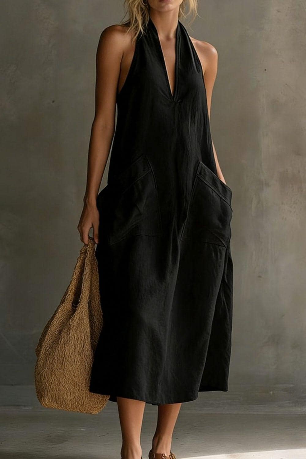Summer Casual Halter Neck Pocket Midi Dress