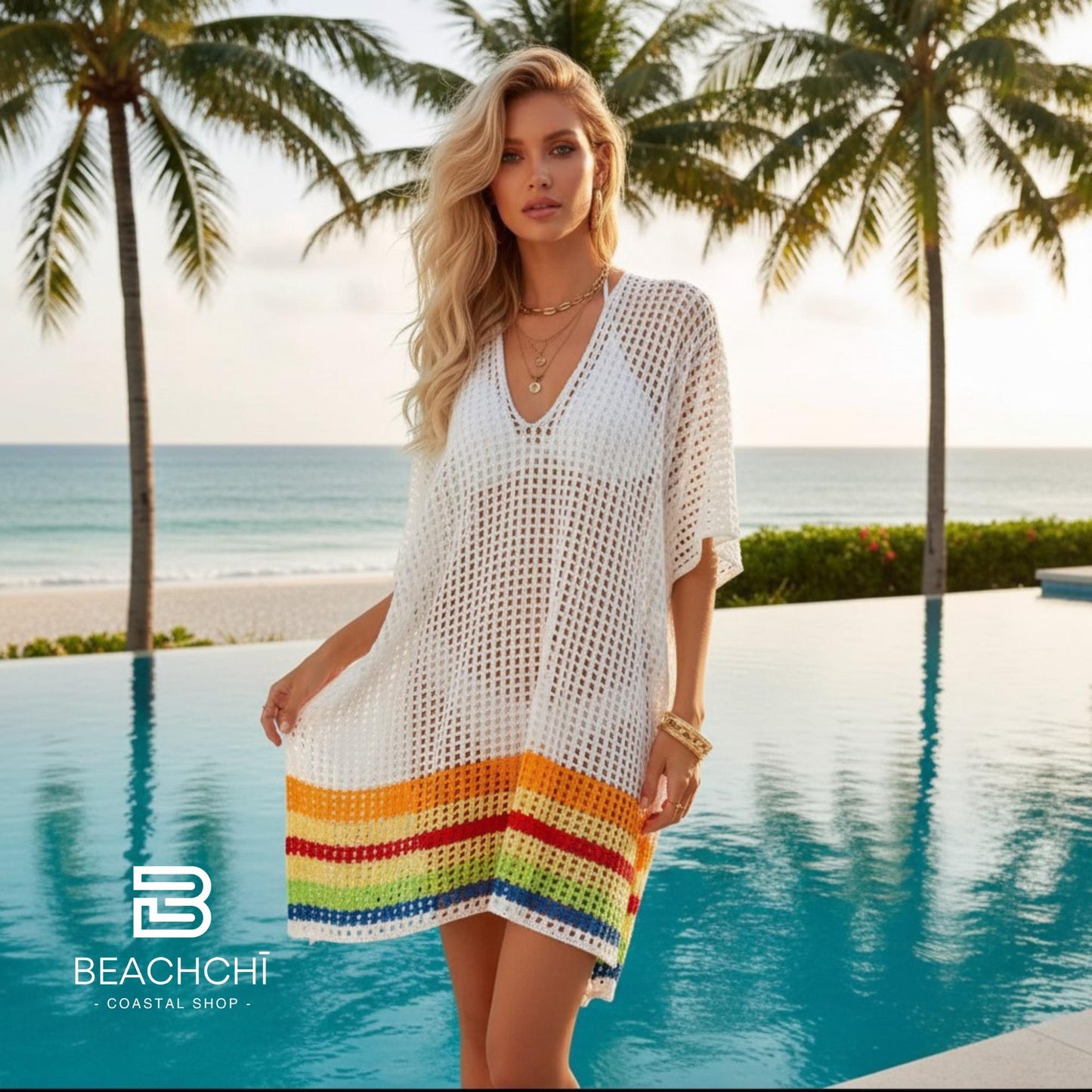 Women's Crochet Beach Cover-Up | Lightweight V-Neck Swim Cover-Up | Vacation & Resort Wear, Beachchi Cover-Up