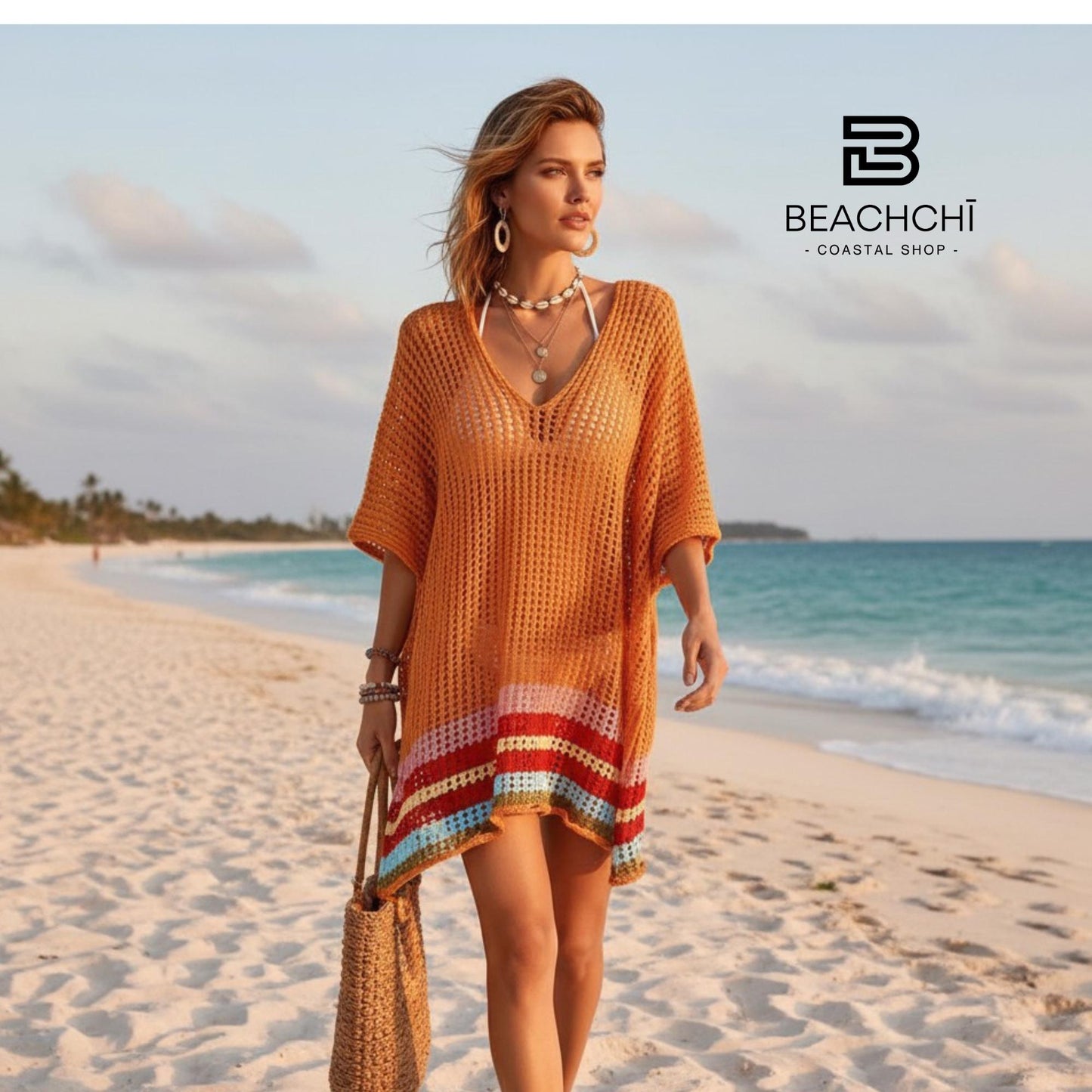 Women's Crochet Beach Cover-Up | Lightweight V-Neck Swim Cover-Up | Vacation & Resort Wear, Beachchi Cover-Up